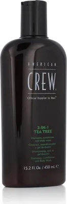 Obrázek produktu pro American Crew 3-in-1 Tea Tree, 450 ml, 3v1 šampon, kondicionér a sprchový gel, Neprofesionální, Pánské, Lesklý, Vyhlazující, Změkčující, Láhev