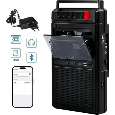 Produktbild von Tragbarer Kassettenspieler mit Bluetooth – Aufnahme & Wiedergabe, USB/Audio-Eingang, Digitalisierung auf Kassette, Dual-Stromversorgung