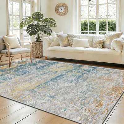 Obrázok produktu pre Umývateľný moderný koberec, krátky vlas, 160x230 cm, modro-žltý abstraktný vzor, vhodný do obývačky