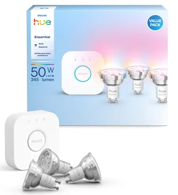 Produktbild von Philips Hue White and Color ambiance Basis Starter-Set: 3 smarte Lampen GU10 (345 lm), Bluetooth/Zigbee, Weiß, LED, GU10, GU10, 16000000 Farben