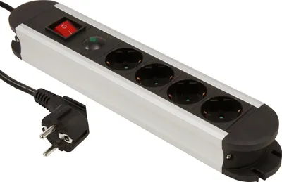 A power strip with multiple outlets, a switch, and a power cord.