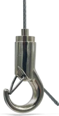 Produktbild von Drahtseilhalter / Gripper 15, Haken mit Aushängesicherung, seitlicher Ausgang, für Drahtseil Ø1,0-1,5mm | vernickelt