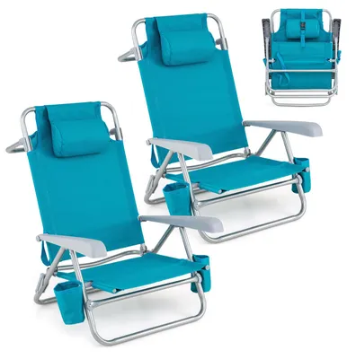 Produktbild von COSTWAY 2er Strandstühle klappbar, Campingstühle mit verstellbarer Rückenlehne, Kopfstütze, Getränkehaltern, Kühltasche & Armlehnen, Klappstühle