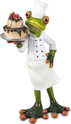 Eine Figur eines Frosches, der als Bäcker verkleidet ist und einen Kuchen auf einem Tablett trägt.