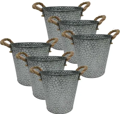 Obrázok produktu pre Sada kvetináčov Relaxdays, 6 obalov na kvetináče, povrch s efektom tepaného kovu, V x H: 16 x 15 cm, kvetináč na bylinky s uchom, železo a juta, strieborná farba
