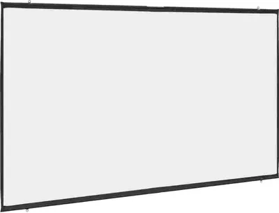 A white projection screen with a black border, hanging from a hook.