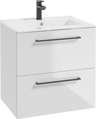 Produktbild von Bad Waschtisch in weiß Hochglanz lackiert mit Metallgriffen in schwarz, 2 Schubladen und Keramikwaschbecken MESSINA-107, B/H/T ca. 60/62/46 cm