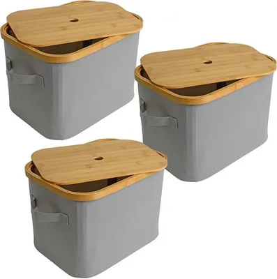 Produktbild von Faltbarer Bambuskorb Aufbewahrungsbox 35x25x24 cm 3er Set Aufbewahrungskorb Grau