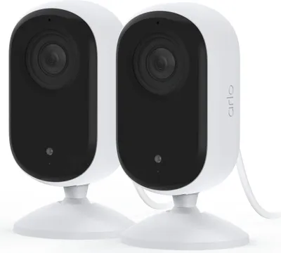 Two white Arlo Essential 2 2K indoor cameras are shown on a white background.