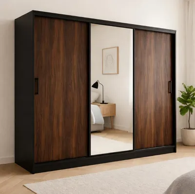 Zdjęcie produktu dla Szafa przesuwna RIO-3, 180cm, kolor DĄB OKAPI + CZARNY KORPUS, LISTWY I UCHWYTY, z drążkami, półkami, prosty montaż
