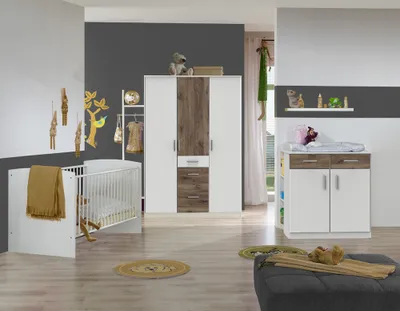 Produktbild von Babyzimmer komplett Set mit Wickelkommode JOHANNESBURG-43 in weiß mit Eiche Nb.