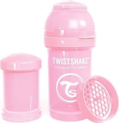 A pink baby bottle and accessories are displayed against a white background.