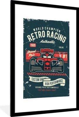 Produktbild von MuchoWow® MuchoWow® Gerahmtes Poster Rennwagen - Rennstrecke - Vintage - Zeichnung 60x90 cm - Poster mit zchwarzem Bilderrahmen - Dekoration - Wandposter Wohnzimmer - Hochwertig