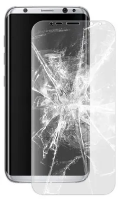 A smartphone with a cracked screen protector in front of it.