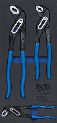A set of three water pump pliers arranged in a foam insert within a tool drawer or case.