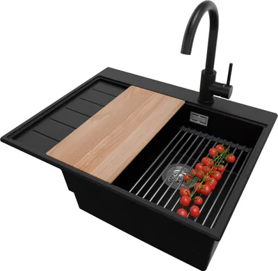 Produktbild von PRIMAGRAN Granitspüle Schwarz 62x50cm, Spülbecken 1 Becken + Küchenarmatur 32x20cm + Ablauf-Set + Küchenzubehörset, Küchenspüle ab 45er Unterschrank - Sydney