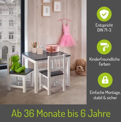 Produktbild von BOMI® Holzsitzgruppe für Kinder Amy aus Kiefer Massiv Holz für Kleinkinder, Mädchen und Jungen Grau Weiß
