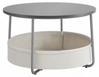 Immagine prodotto di Tavolino laterale con cesto in tessuto e spazio contenitivo, struttura in metallo | Grigio e bianco | 75x75x45 cm