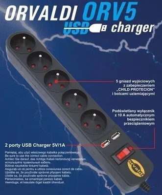Imagen del producto de Regulador de sobretensión Orvaldi Orv-5 de 3 metros con cargador USB