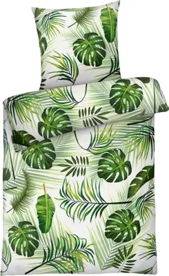 Produktbild von Mikrofaser Bettwäsche 155x220 cm aus 100% Polyester - Blätter Grün Weiß