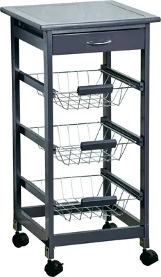 A gray kitchen cart with a glass countertop and three wire baskets is shown against a white background.