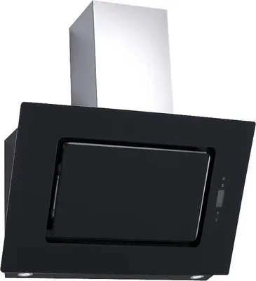 A black range hood with a stainless steel chimney against a white background.