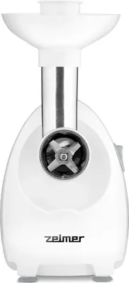 A white meat grinder is shown from the front on a white background.