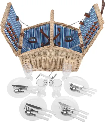 Produktbild von Picknickkorb geflochtene Weide 4 Pers + Zubehör 23 tlg. √ Farbe Natur Weiden Holz √ 46 x 31 x 43 cm - Blau Weiß Beige