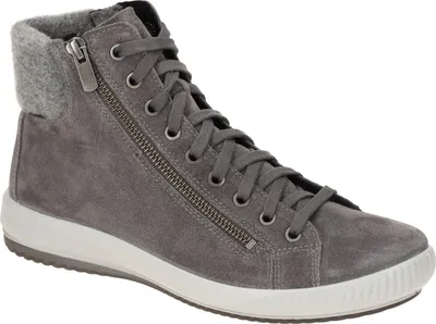 A single gray high-top sneaker with a zipper and laces, shown from the side against a white background.