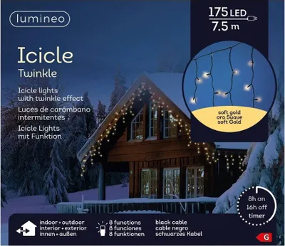 Productafbeelding van Led Icicle 7.5 meter 175 LED zwart/soft gold Lumineo