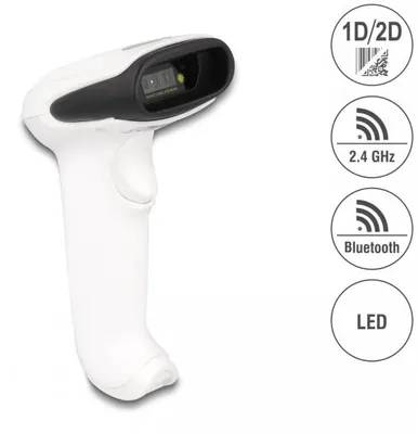 Produktbild von DeLOCK Barcode Scanner 1D und 2D für 2,4 GHz, Bluetooth oder USB - weiß, Tragbares Barcodelesegerät, 1D/2D, CMOS, Codabar, Code 128, EAN-13, EAN-8, Interleaved 2 of 5, PDF417, Code 39, Datenmatrix, Micro QR Code, QR Code, 752 x 480 Pixel