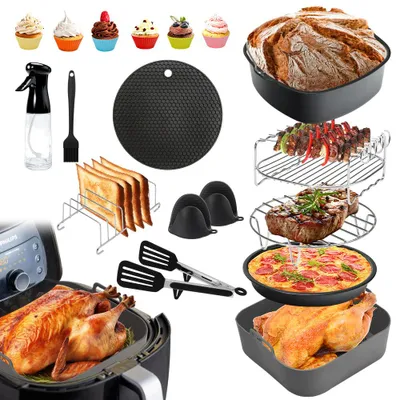 Produktbild von Ninja AF180 Heißluftfritteuse Zubehör Set 12-teilig – Backtopf, Pizzaform, Steak Grillrost, Mehrschichtiger Grillrost, Toastständer, Ölsprüher, Siliko