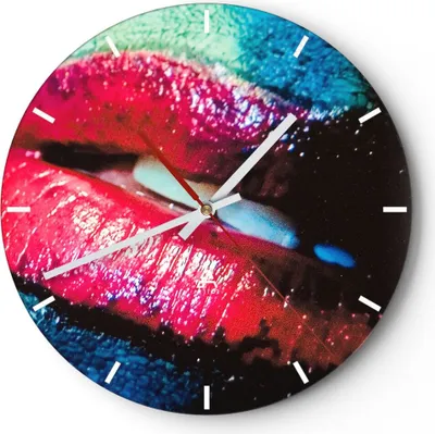 Produktbild von Wanduhr - Rund - Glasuhr - Lippen Gesicht Frau - 30x30cm - Schleichendes Uhrwerk - Lautlos - zum Aufhängen bereit - Dekoration Modern - Wanddekoration aus Glas - C3AR30x30-0231