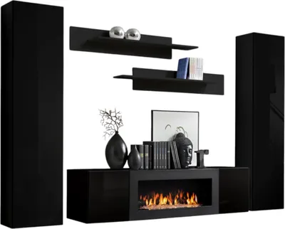 Image de Ensemble de meubles suspendus avec cheminée décorative collection FLY M1. Coloris noir.