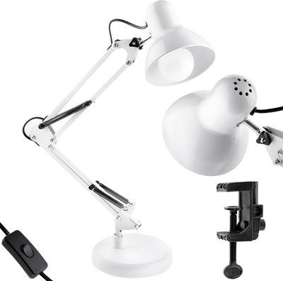 LUMILED Schreibtischlampe klassisch Leselampe Weiß Tischleuchte Tischlampe Verstellbarer Arm mit E27 Retro aus Metall Schreibtischleuchte