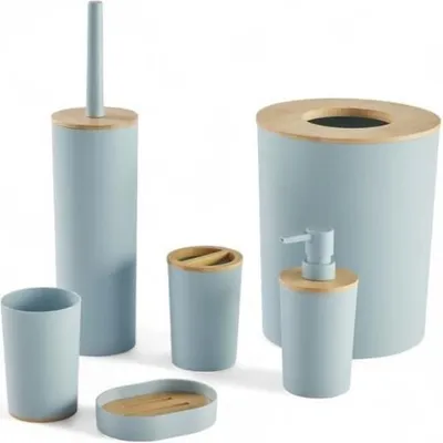 Immagine prodotto di Set di accessori da bagno 6 pezzi, dispenser per sapone, tazza, portaspazzolini, portasapone, scopino per WC, cestino dei rifiuti 7L, blu