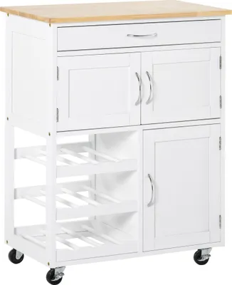 Image de HOMCOM Desserte de cuisine multi rangements 2 placards tiroir casier 9 bouteilles MDF blanc plateau bois caoutchouc