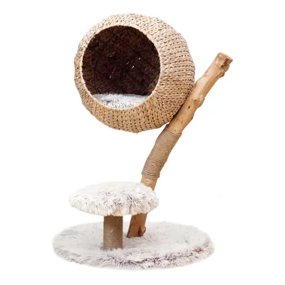 Produktbild von Fudajo Kratzbaum Zweigdesign mit Katzenkorb 83 cm hoch, Designer Katzenkratzbaum mit Liegekorb in Flecht-Optik, Katzenbaum aus Holz mit Plüsch