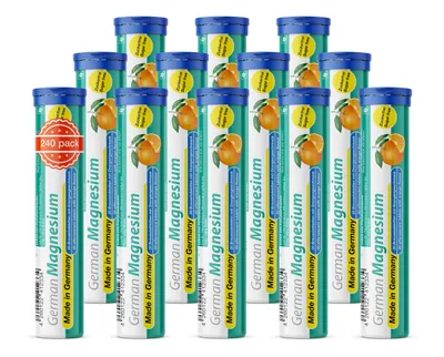 Produktbild von German Magnesium Brausetabletten 12x20 Stk. Orangengeschmack – 200 mg Magnesium Zuckerfrei – T&D Pharma – Germany