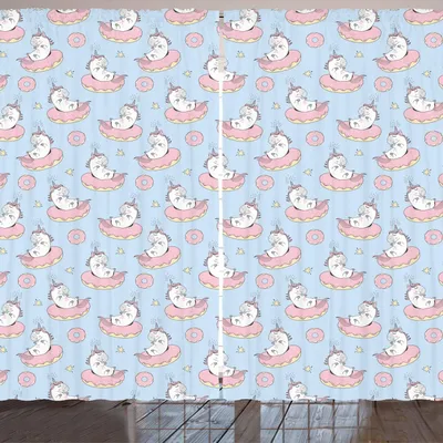 Produktbild von ARANDE Unicorn-Party Gardine, Karikatur-mythische Tiere, die auf Schaumgummiringen mit Sternen schlafen, 280 x 260 cm, Hellrosa Blassblau