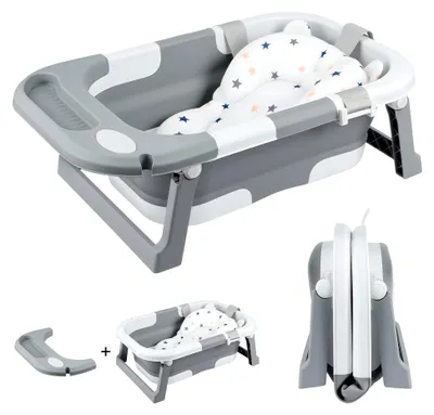 Produktbild von Faltbare Babybadewanne, Tragbare und zusammenklappbare Babybadewanne mit Sitzstütze und wärmeempfindlichem Abfluss, Für Neugeborene bis Kleinkinder, Sicher, rutschfest und platzsparend (Grau)