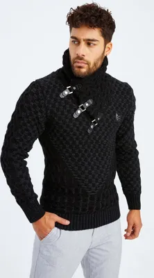 Produktbild von Leif Nelson Schalkragen Herren Strickpullover Grobstrick Schalkragen LN-5255, Schwarz Anthrazit / S