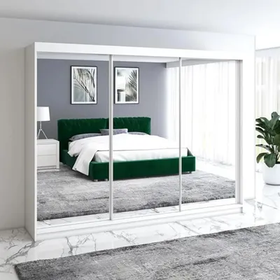 Produktbild von Schwebetürenschrank ULMA 200 cm Kleiderschrank mit Spiegel Weiß – Moderne Garderobe mit Schiebetüren, viel Stauraum