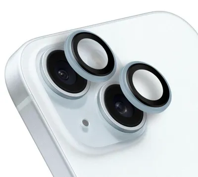 Close-up of a smartphone's camera lenses with protective lens covers.