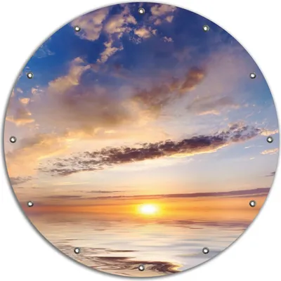 Produktbild von Wallario rundes Outdoor-Poster für Garten oder Balkon, Motiv Sonnenuntergang über dem Wasser, 90 cm Durchmesser