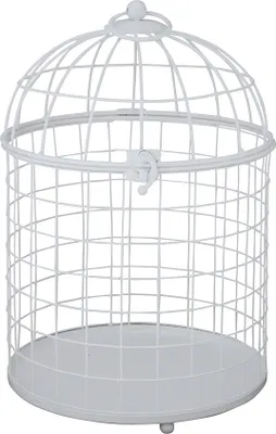 A white metal birdcage on a white background.