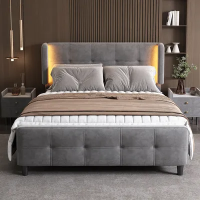 Produktbild von Flieks Polsterbett 140x200cm mit LED, Jugendbett Doppelbett Holzbett mit Lattenrost, Klassisches Bett mit Verstellbarem Kopfteil, Samt, Grau