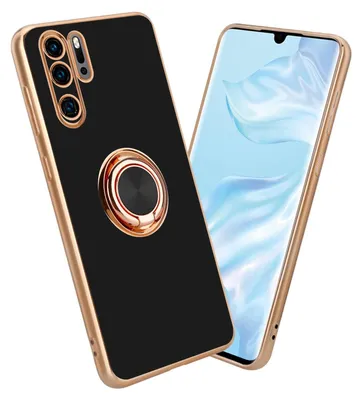 A black phone case with a gold ring stand is shown next to a smartphone.