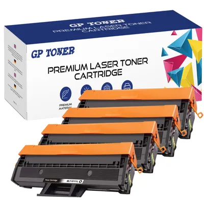 A box of toner cartridges with several cartridges stacked in front of it.