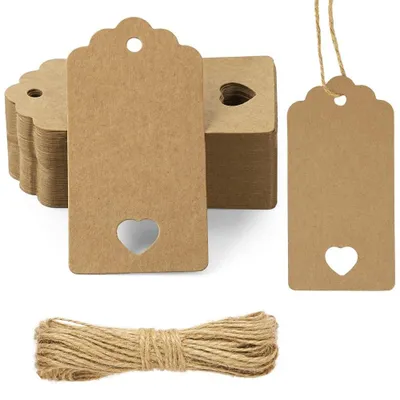 Productafbeelding van Kraftpapier cadeaulabels - 9 x 4,5 cm - Bruin - Met 10 m touw - 60 stuks